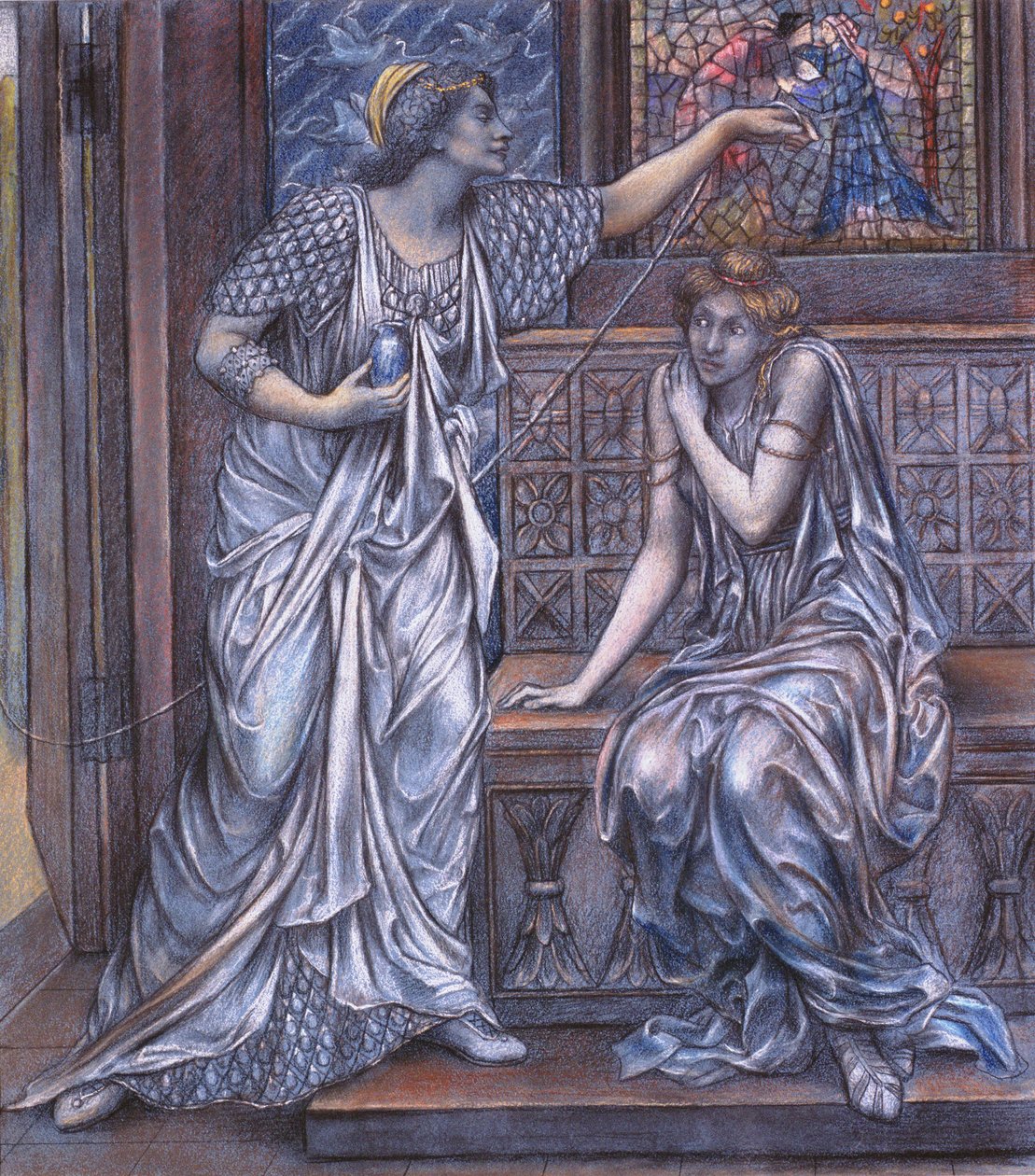 Queen Eleanor和Fair Rosamund的完成研究，c.1900-5（粉笔）（见27988） 作者 伊夫林·德·摩根（Evelyn De Morgan）
