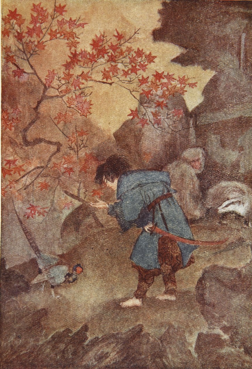 桃太郎和野鸡，F-哈德兰德-戴维斯《日本的神话与传说》插图 作者 伊芙琳·保罗