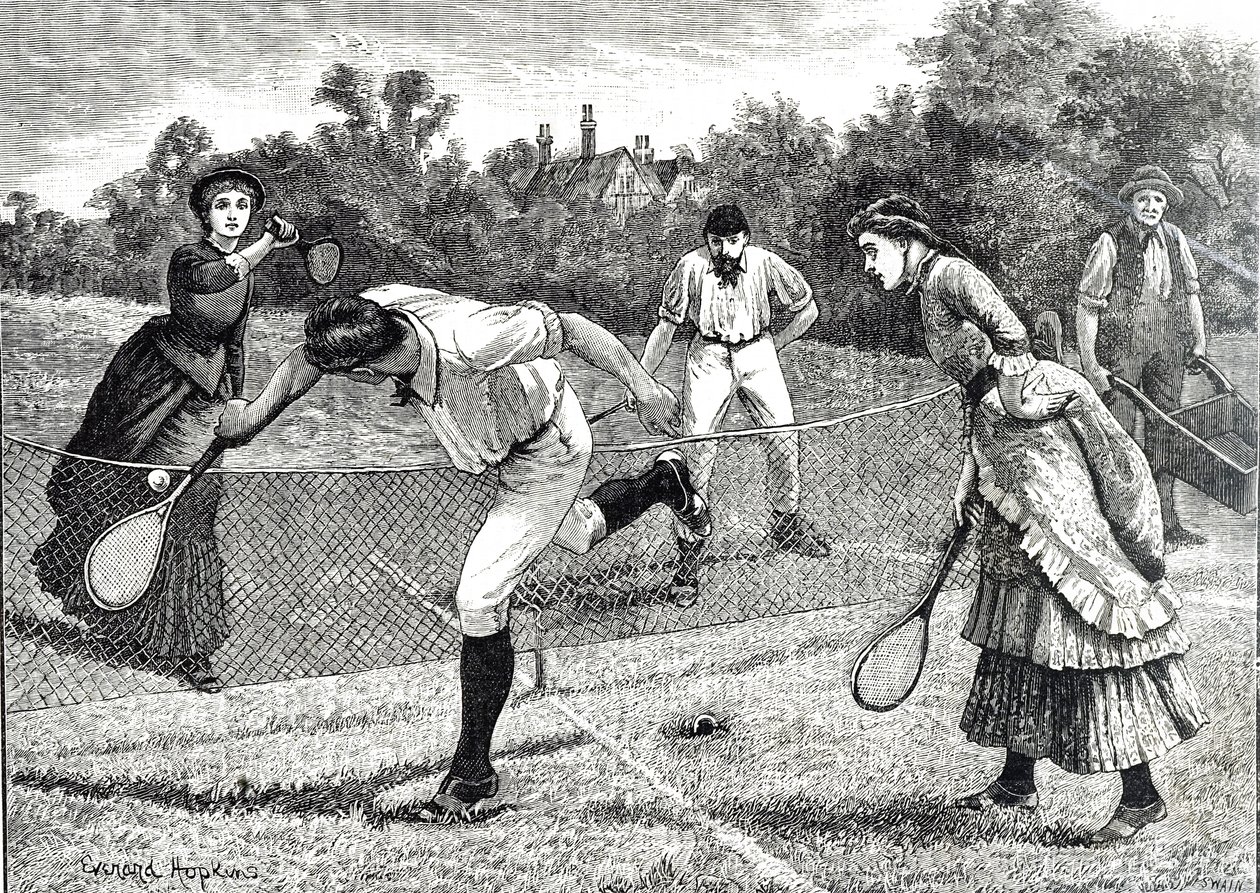 Engraving depicting a friendly doubles tennis match 作者 埃弗拉德·霍普金斯