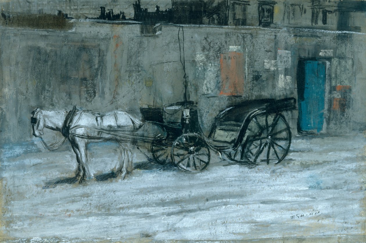 巴黎，马和马车，约 1900-05 年（纸板上的炭笔、粉笔和粉彩画） 作者 Everett Shinn