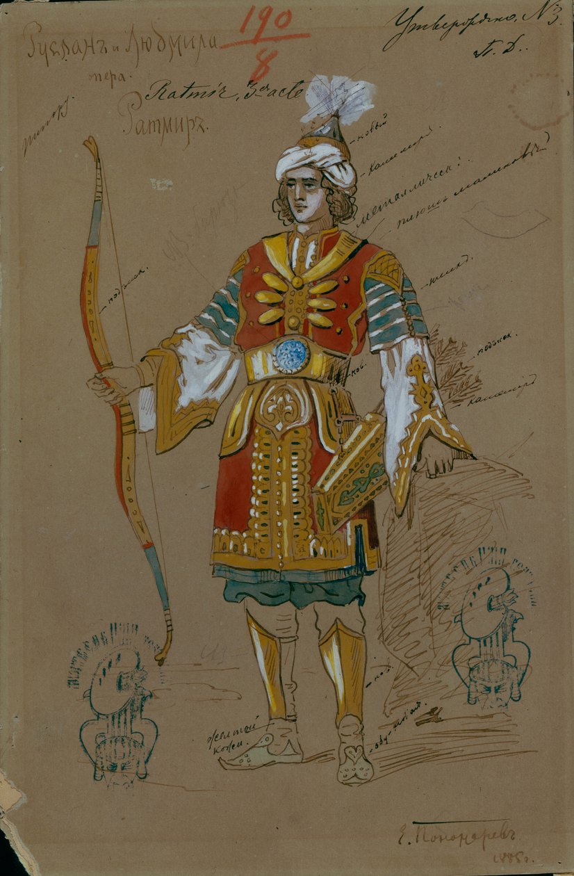 格林卡的歌剧《罗斯兰和柳德米拉》的服装设计，1885年 作者 叶夫根尼·彼得罗维奇·波诺马列夫
