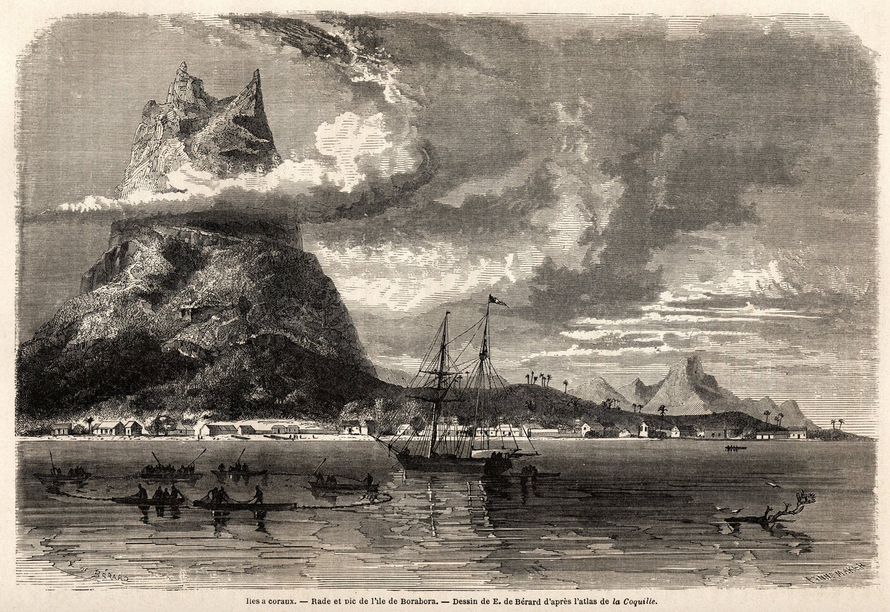 Borabora岛的Rade和山峰，由Evremond Auguste de Berard（1824-1881）绘制，用于说明查尔斯-达尔文（1809-1882）1858年在加拉帕戈斯群岛和珊瑚岛的自然学家之旅。雕刻在 "Le tour du mond "中。 作者 Evremond de (after) Berard
