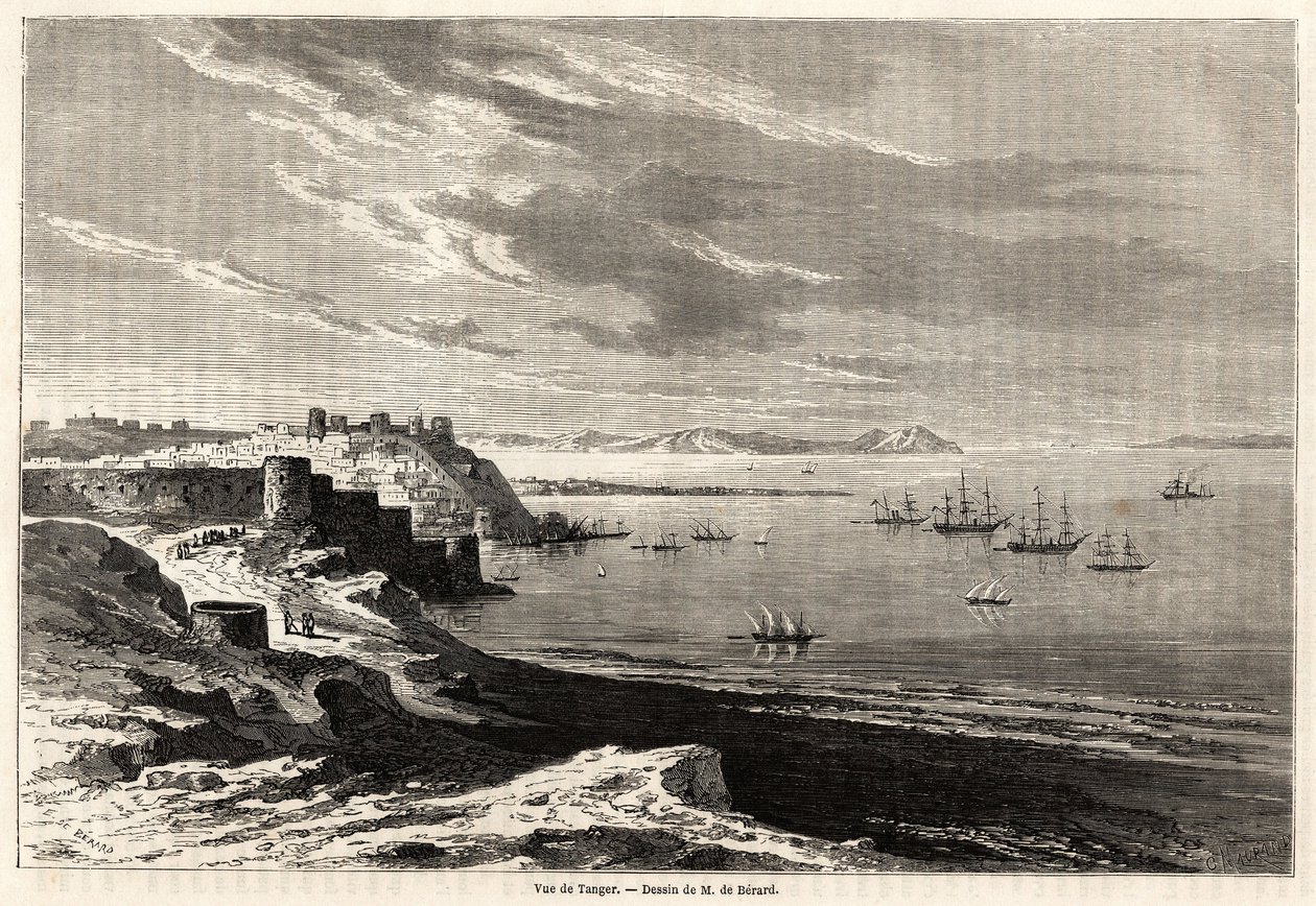 丹吉尔（摩洛哥）的景色，由Evremond de Berard（1824-1881）绘制，用于说明M.F.Schickler的摩洛哥旅行笔记。雕刻在 "世界之旅，新的旅行杂志 "中 巴黎 作者 Evremond de (after) Berard