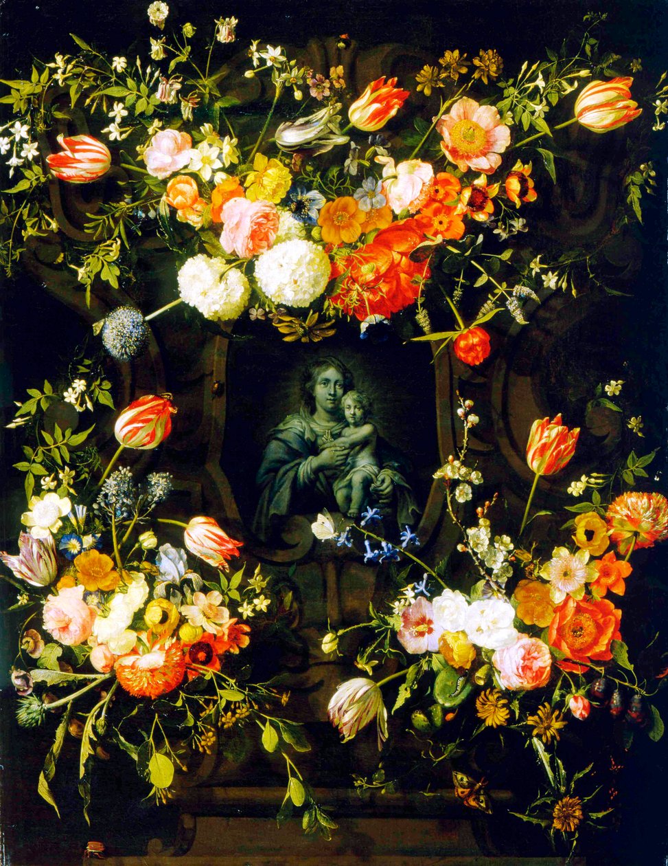 麦当娜被鲜花包围，1662年 作者 艾肯人或艾肯人