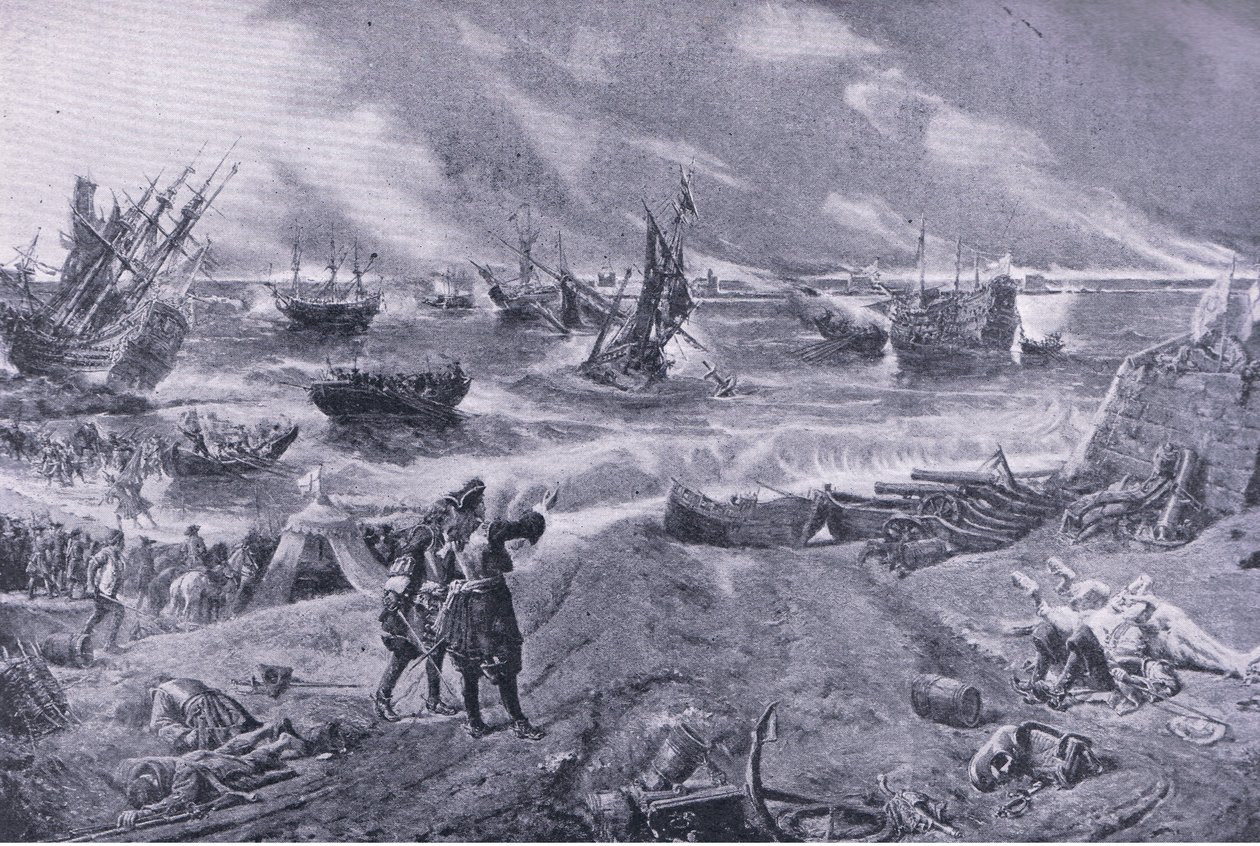 詹姆斯二世在La Hogue战役，1692年5月23日，英国战役在陆地和海上的插图，1915年 作者 艾尔·克洛（Eyre Crowe）