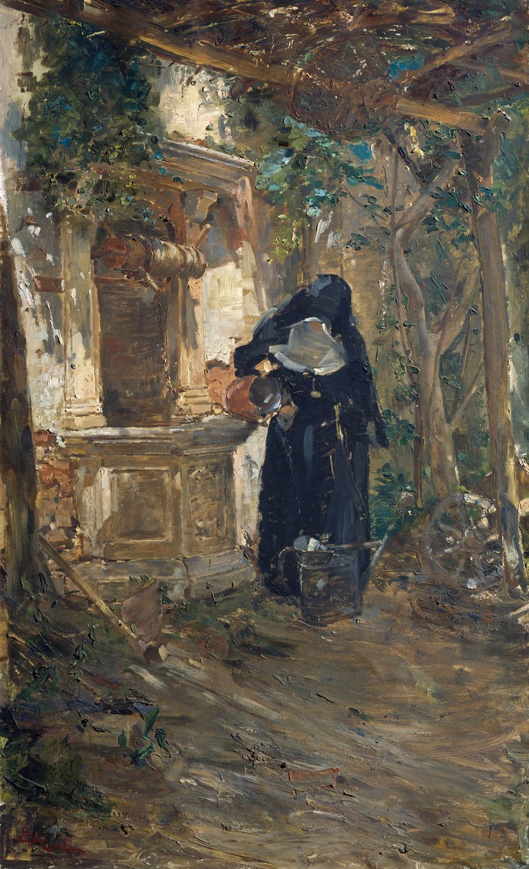 井边的修女，Ezechiele Acerbi（1850-1920）创作，布面油画，92.5x57.5 厘米 作者 埃泽基埃莱·阿塞比