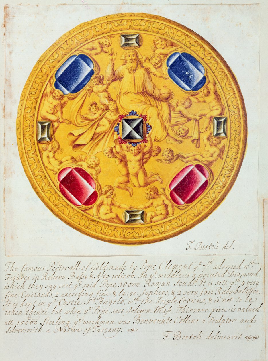 在1029年c.1523-34，由Cellini为教皇克莱门特七世做的黄金和珠宝的胸饰的正面图 作者 F·贝托利