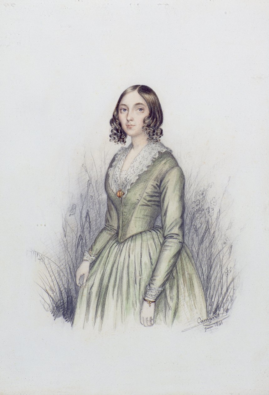 一位穿着绿色衣服的年轻女士的肖像，1841年（wc和铅笔在纸上） 作者 F.卡马雷特