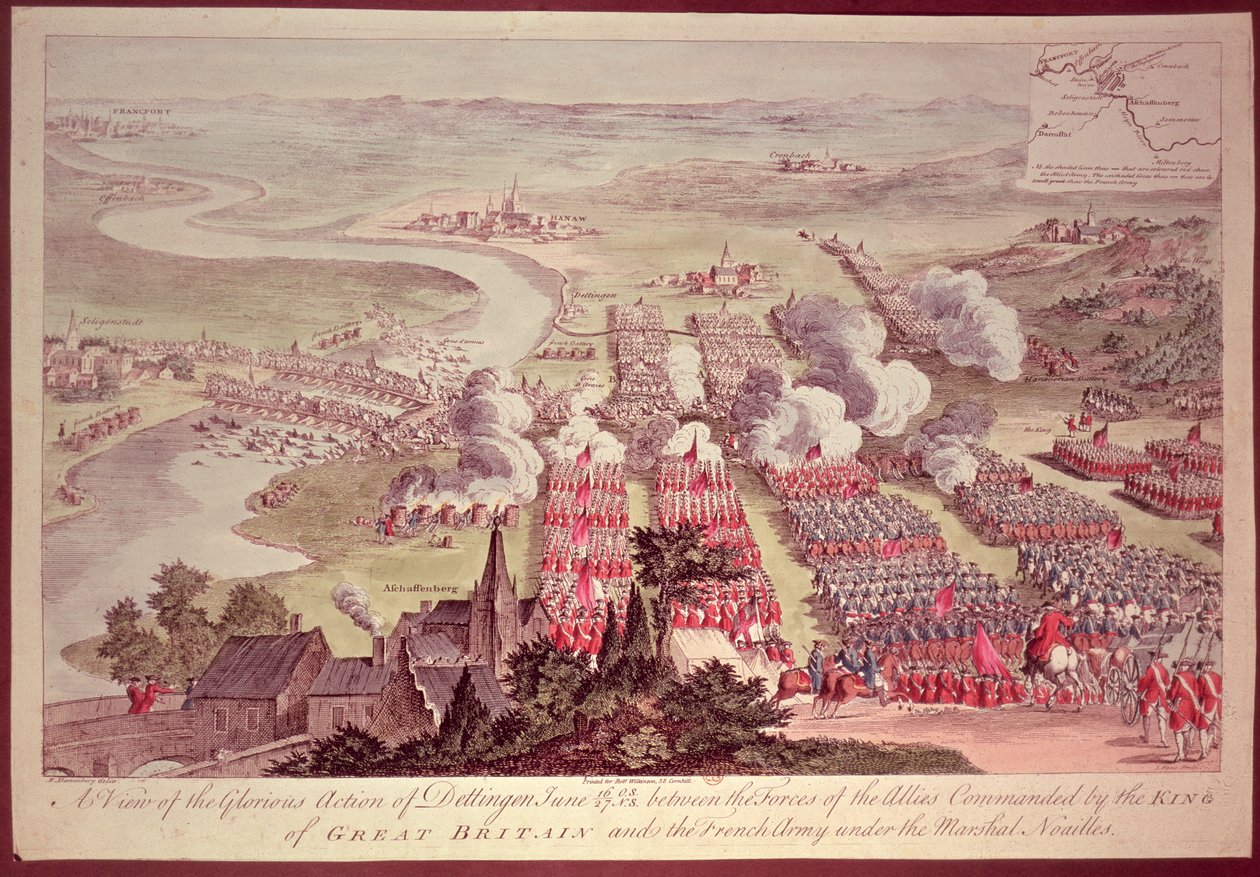 1743年6月16日至27日，在英国国王和法国军队在Noailles元帅（1678-1766）指挥的同盟军之间，Dettingen的光荣行动， 作者 达伦伯格
