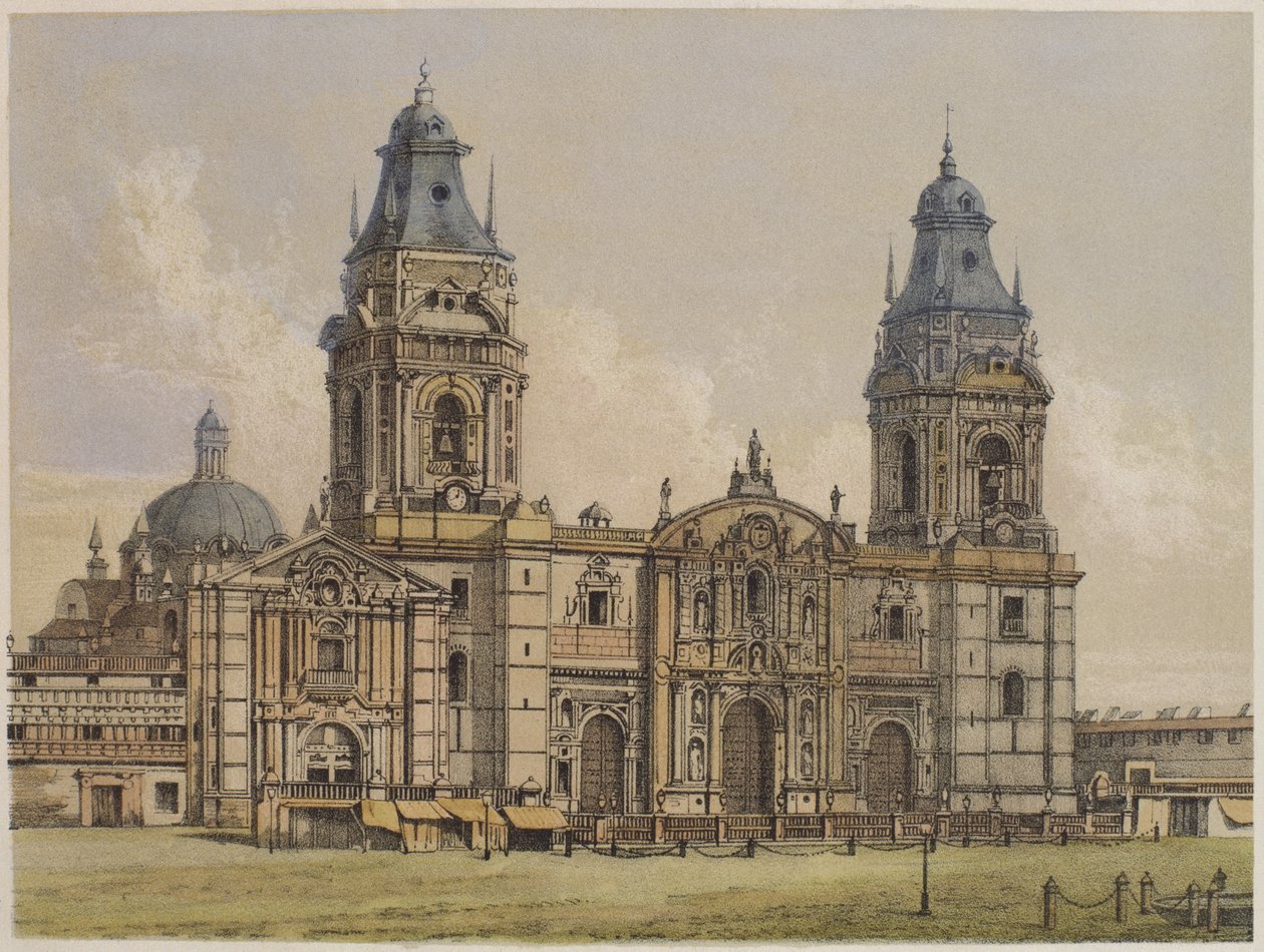 利马大教堂，插图来自&39;Geografia del Peru&39;，马里亚诺，Felipe Paz Soldan（1821-86）1863 作者 德拉曼（F. Delamare）