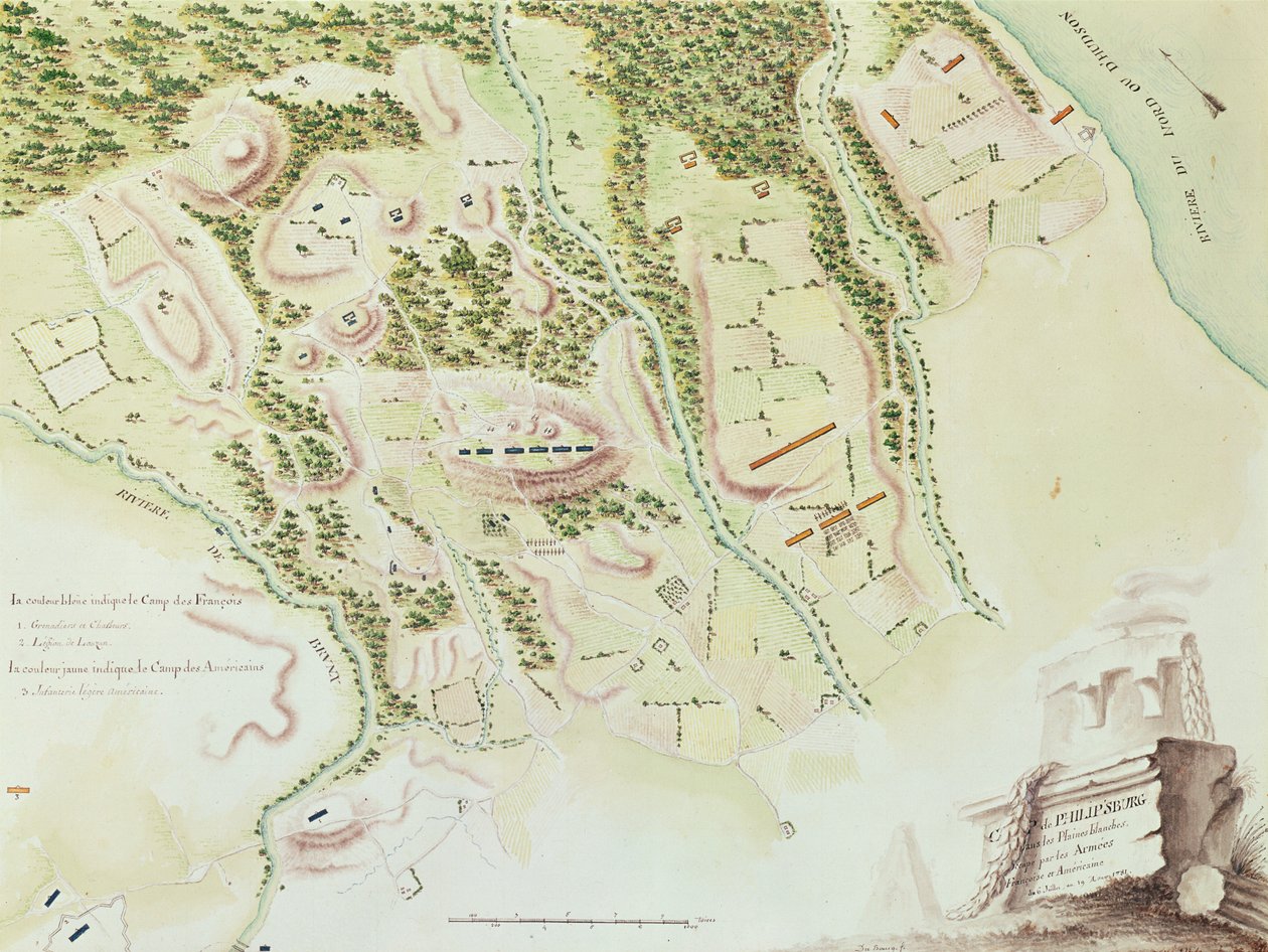 菲利普斯堡地图，来自&39;美国战争&39;，1782年（彩色雕刻） 作者 杜布格