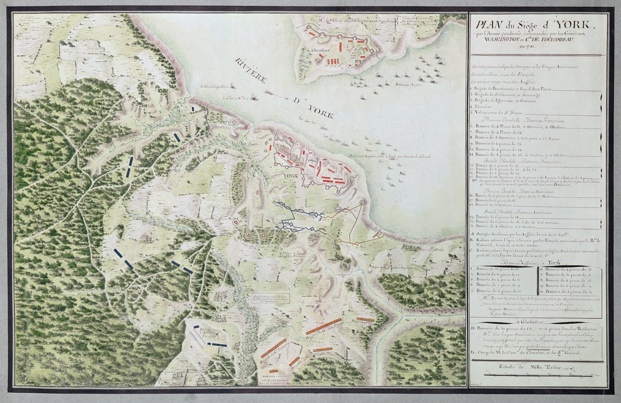 1781年的约克围城地图，来自&39;Guerre de l&39;Amerique&39;，1782年（彩色雕刻） 作者 杜布格