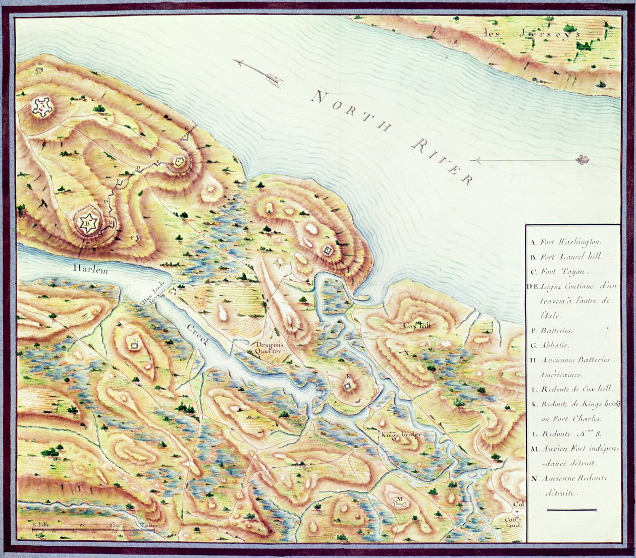 从&39;美国战争&39;，1780-81（彩色雕刻）中识别国王桥（北河） 作者 杜布格