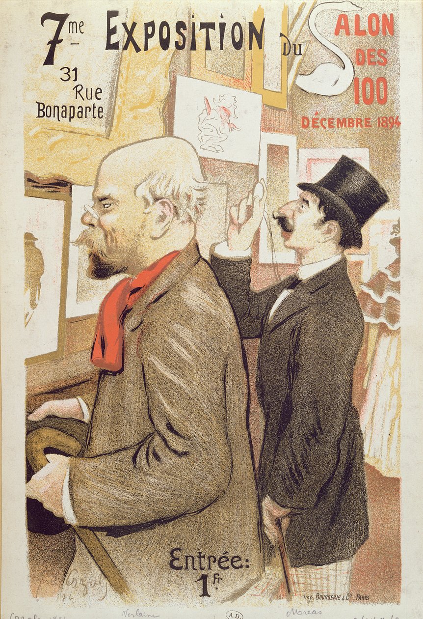 海报广告“第七届Salon des 100展览”，描绘了保罗·韦拉因（1844-96）和让·莫雷斯（1856-1910）在1894年的沙龙des 100 作者 足协