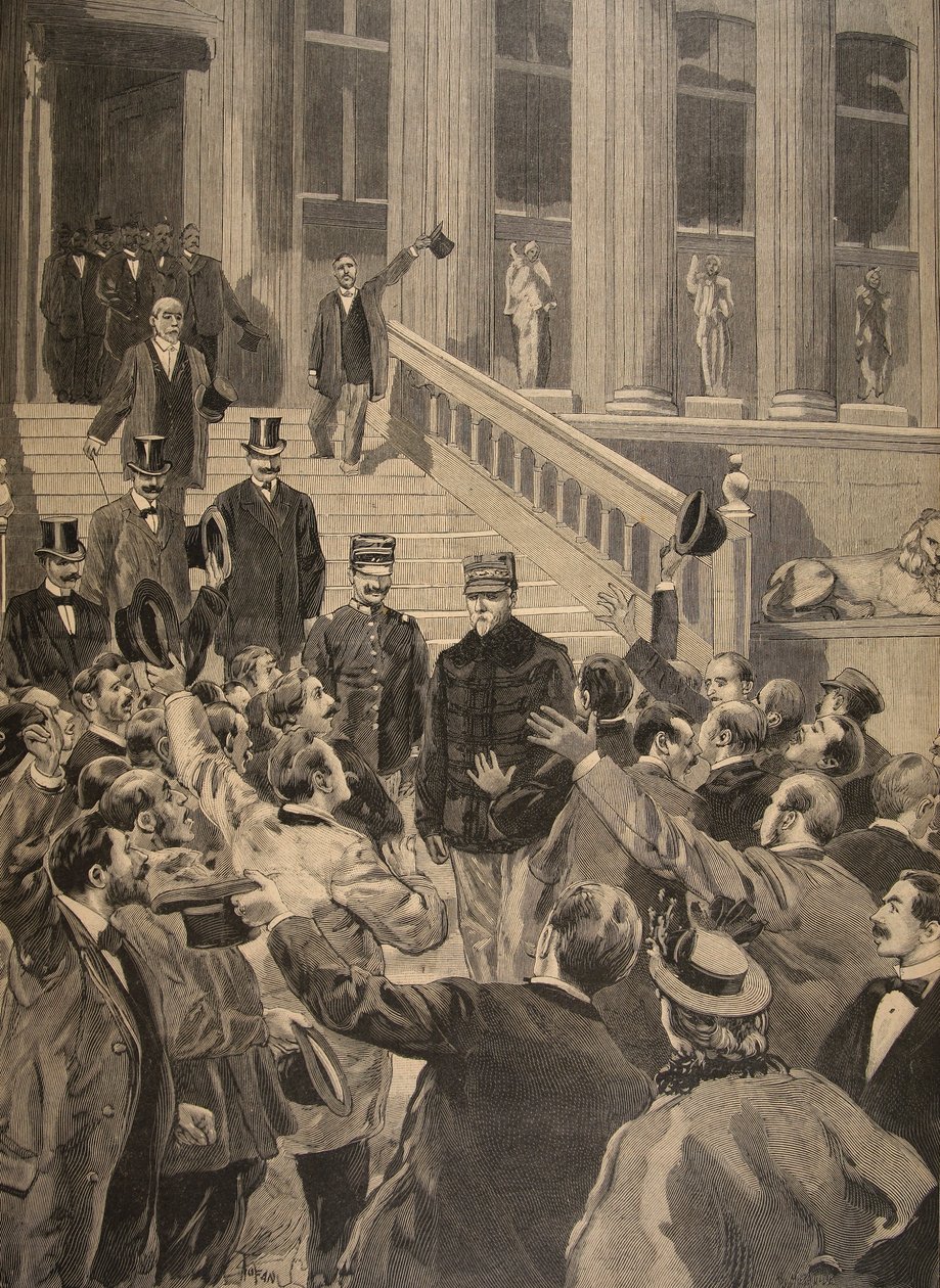Zola出口处的官员凯旋呐喊，来自&39;Le Petit Journal：Supplement illustre&39;的插图，1898年2月20日 作者 佛罗里达州和托法尼，奥斯瓦尔多·梅奥勒