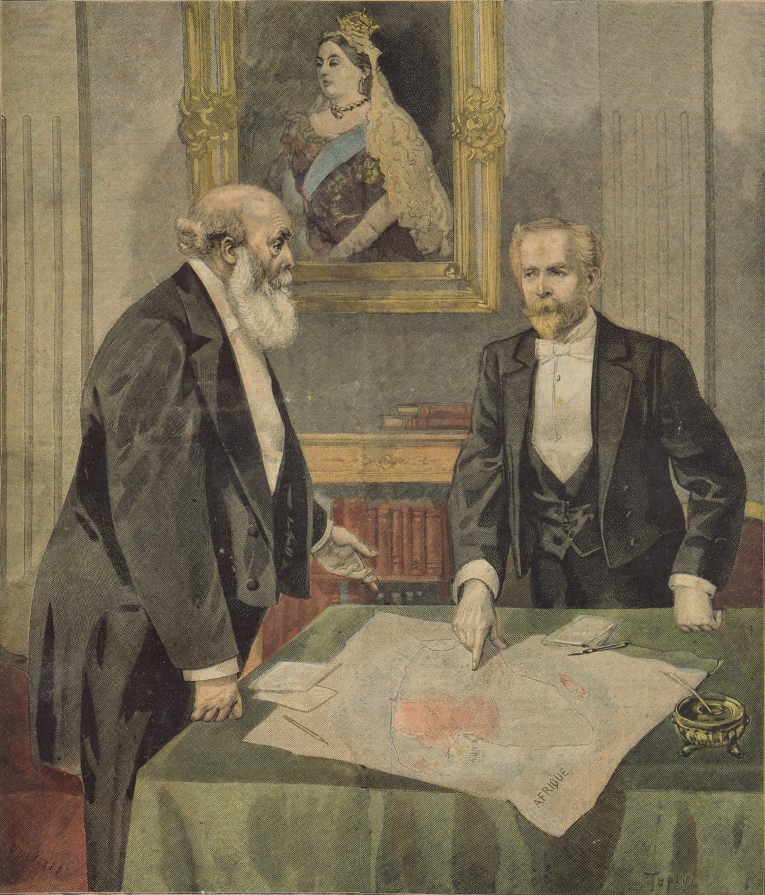 法国大使保罗·康朋（Paul Cambon，1843-1924）和英国首相索尔兹伯里勋爵（Lord Salisbury，1899-1904）于1899年4月9日在Le Petit Journal签署英法公约（彩色en 作者 佛罗里达州和托法尼，奥斯瓦尔多·梅奥勒