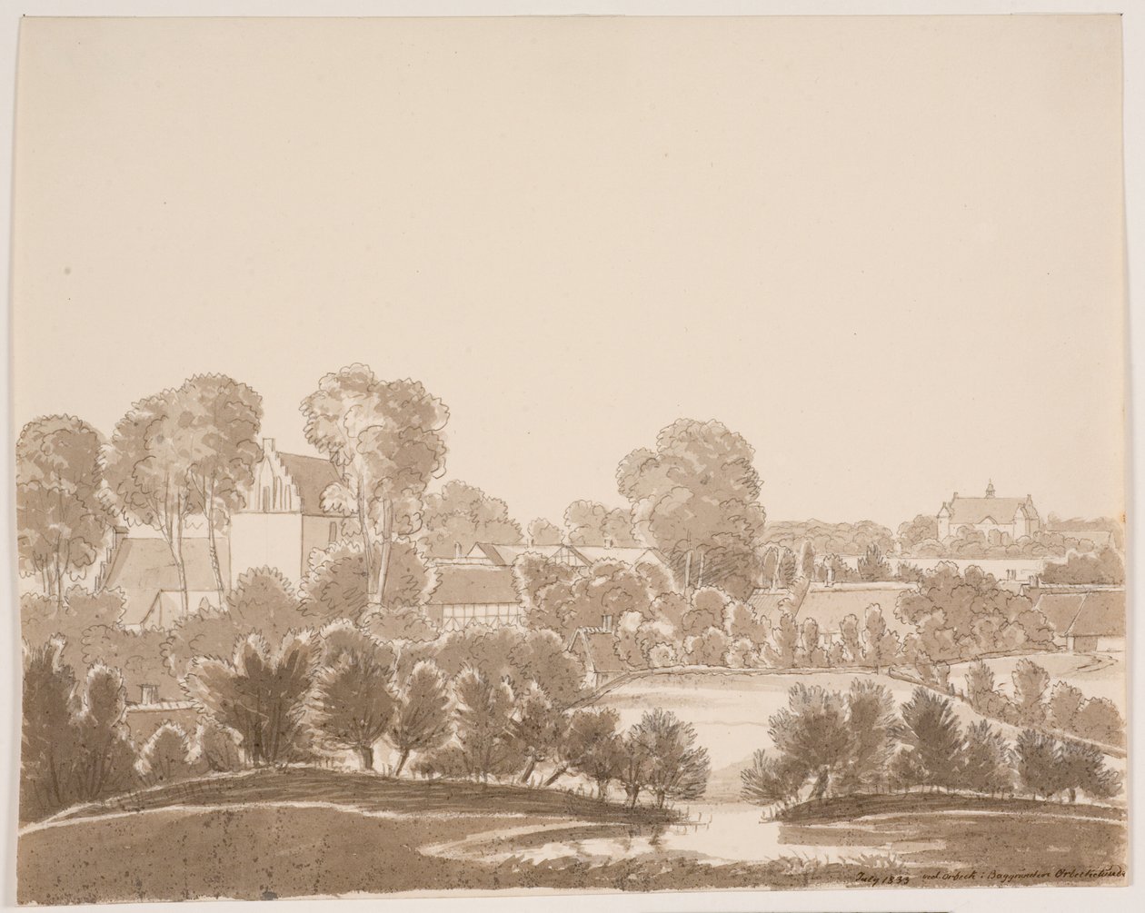 "Ørbæk 旁，背景为 Ørbæklunde。富宁，1833 年" 作者 FME 法布里蒂乌斯·德·滕纳格尔