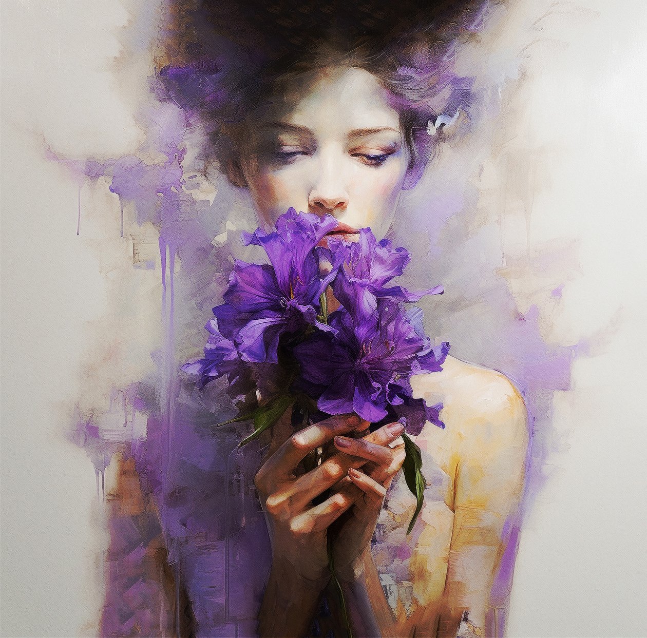 一个美丽的女人穿着抽象的紫色花朵, 壁画 | 帆布打印 作者 法赫塔利·阿卜杜勒拉希姆