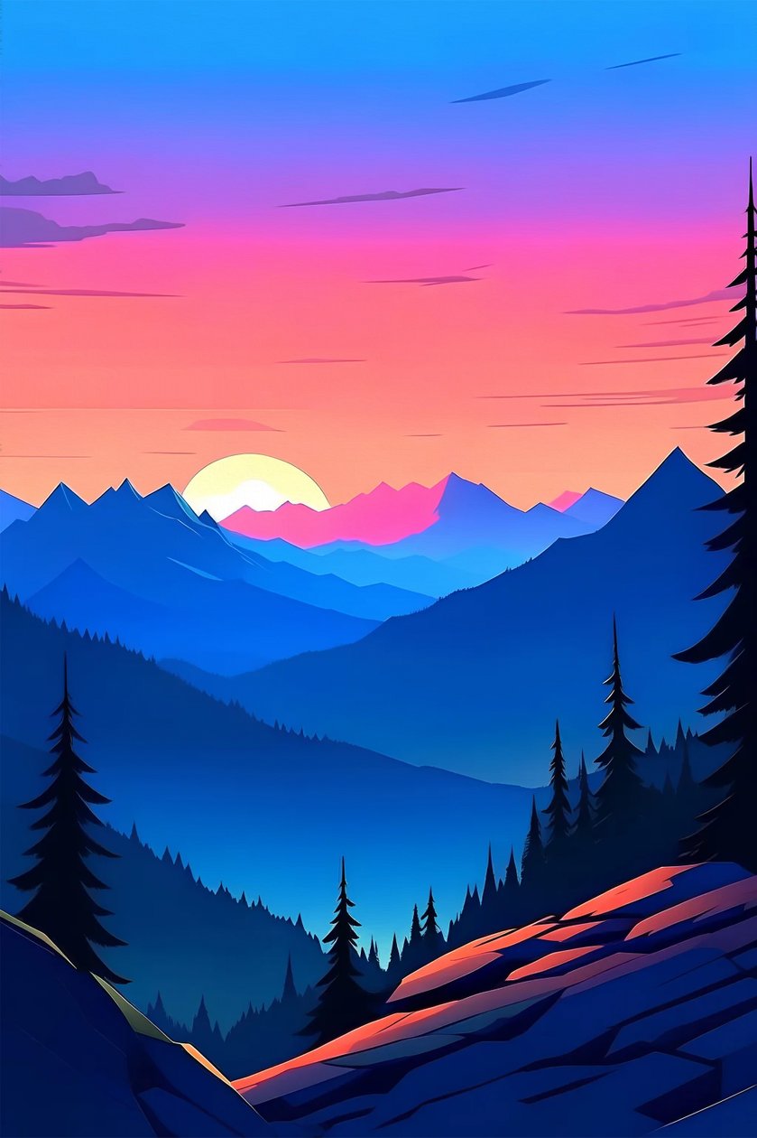 垂直画布上的夕阳和山峰景观，蓝紫色调 作者 法赫塔利·阿卜杜勒拉希姆