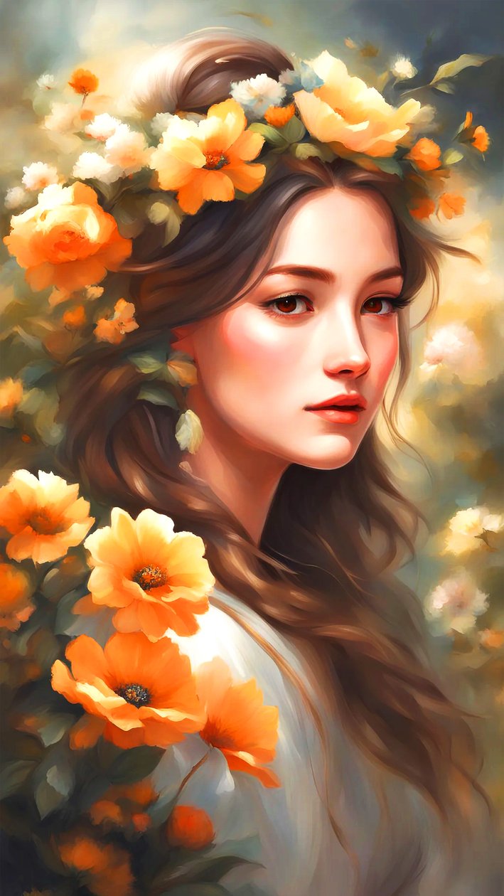 美丽风景中用鲜花装饰的女人，壁画版画 作者 法赫塔利·阿卜杜勒拉希姆