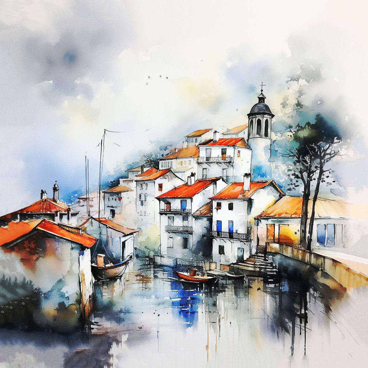 抽象水彩风景画、乡村和街道画、大厅和客厅装饰画 作者 法赫塔利·阿卜杜勒拉希姆