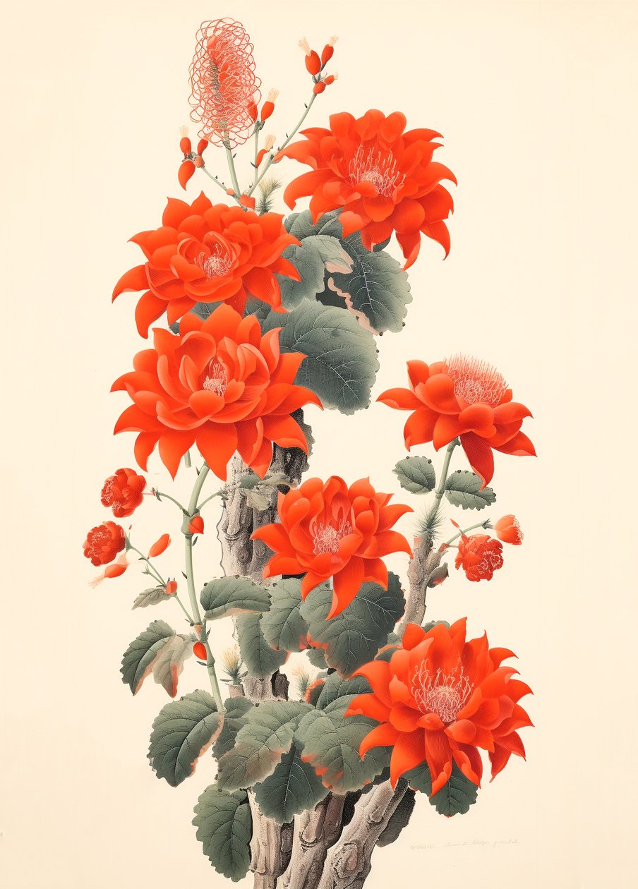 抽象仙人掌与花朵，日本木版画，带框墙面艺术印刷品 作者 法赫塔利·阿卜杜勒拉希姆