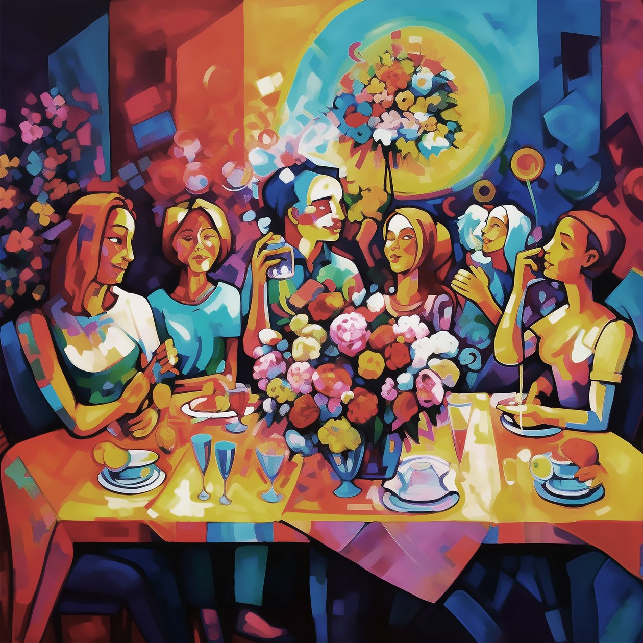 抽象插画，快乐的家庭晚餐，全彩，壁画打印 作者 法赫塔利·阿卜杜勒拉希姆