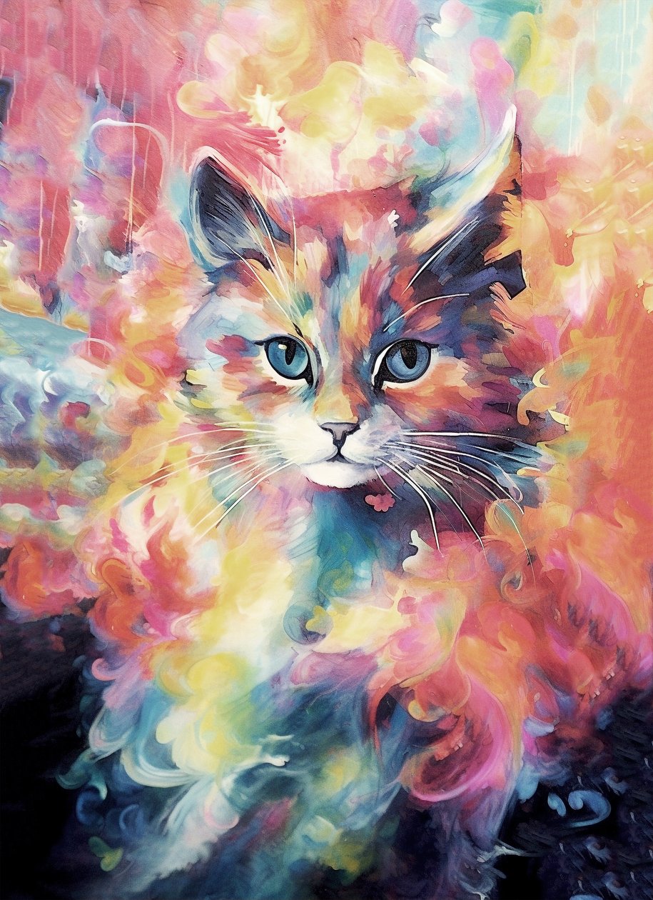宠物抽象画，色彩鲜艳的猫，墙面艺术印刷品 作者 法赫塔利·阿卜杜勒拉希姆
