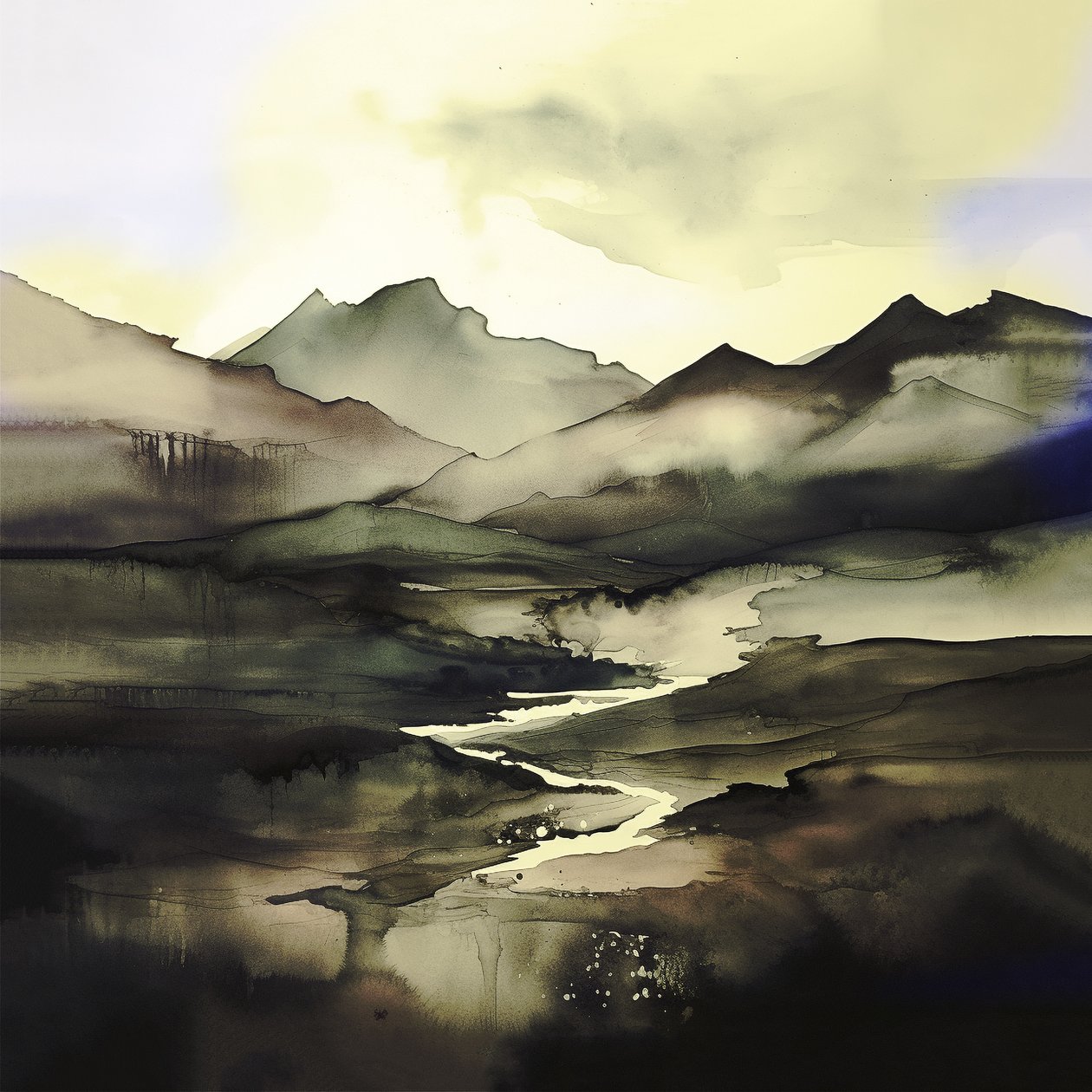 抽象水彩风景 深紫色和蓝色 | 帆布打印 作者 法赫塔利·阿卜杜勒拉希姆