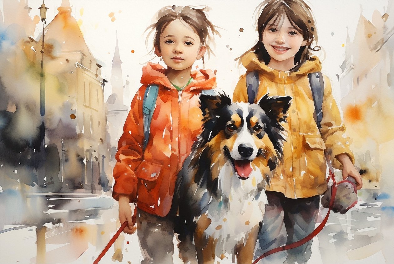 狗狗和孩子的水彩肖像画，墙面艺术装饰，canva 打印 作者 法赫塔利·阿卜杜勒拉希姆