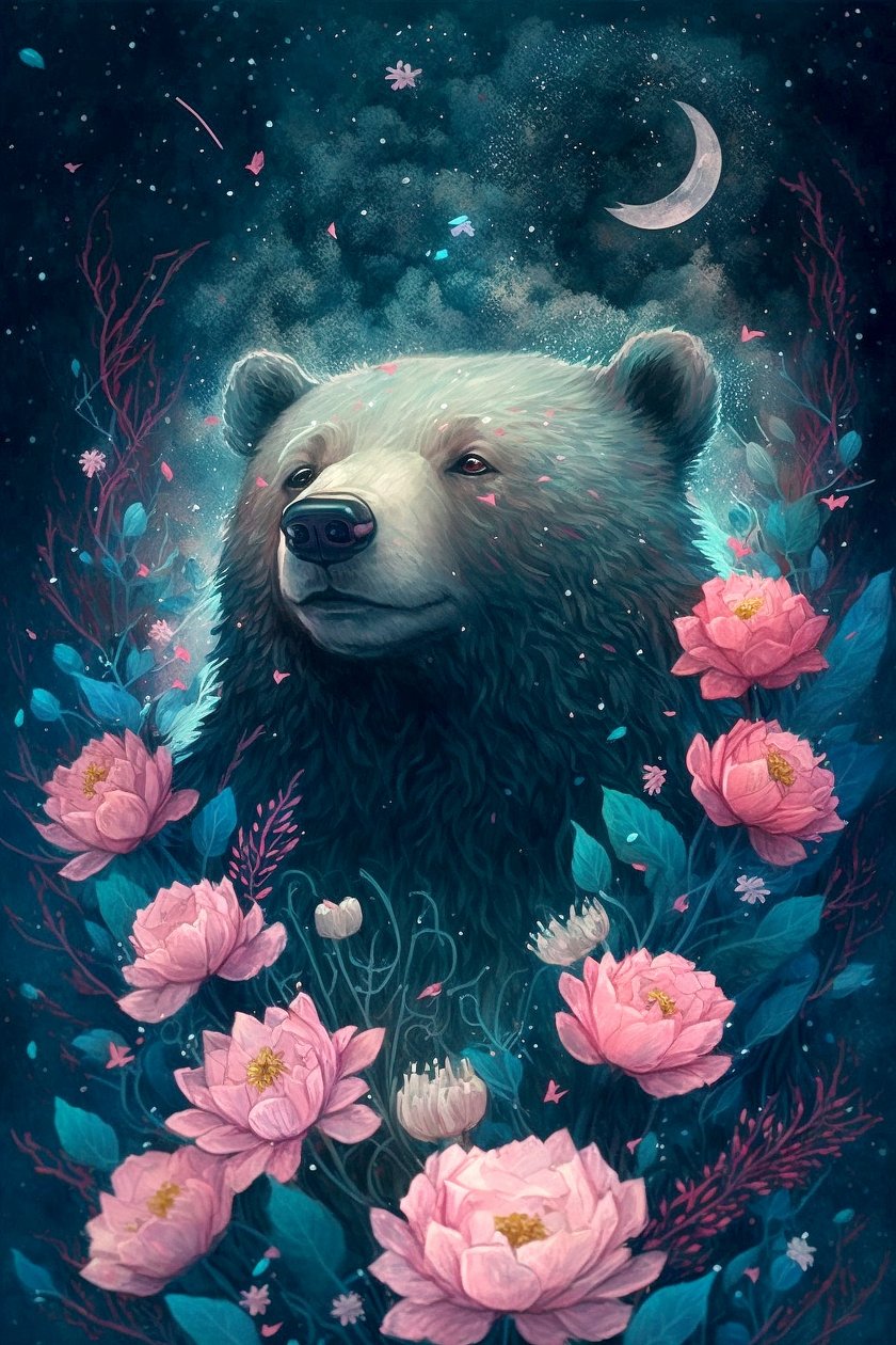 小熊在鲜花环绕的梦幻场景中，有框海报版画 作者 法赫塔利·阿卜杜勒拉希姆