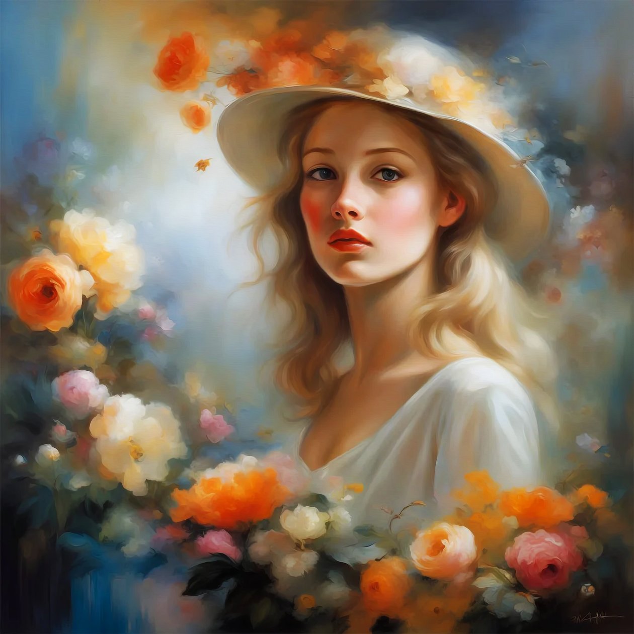 风景与花卉中的美丽女人，花卉壁画打印 作者 法赫塔利·阿卜杜勒拉希姆