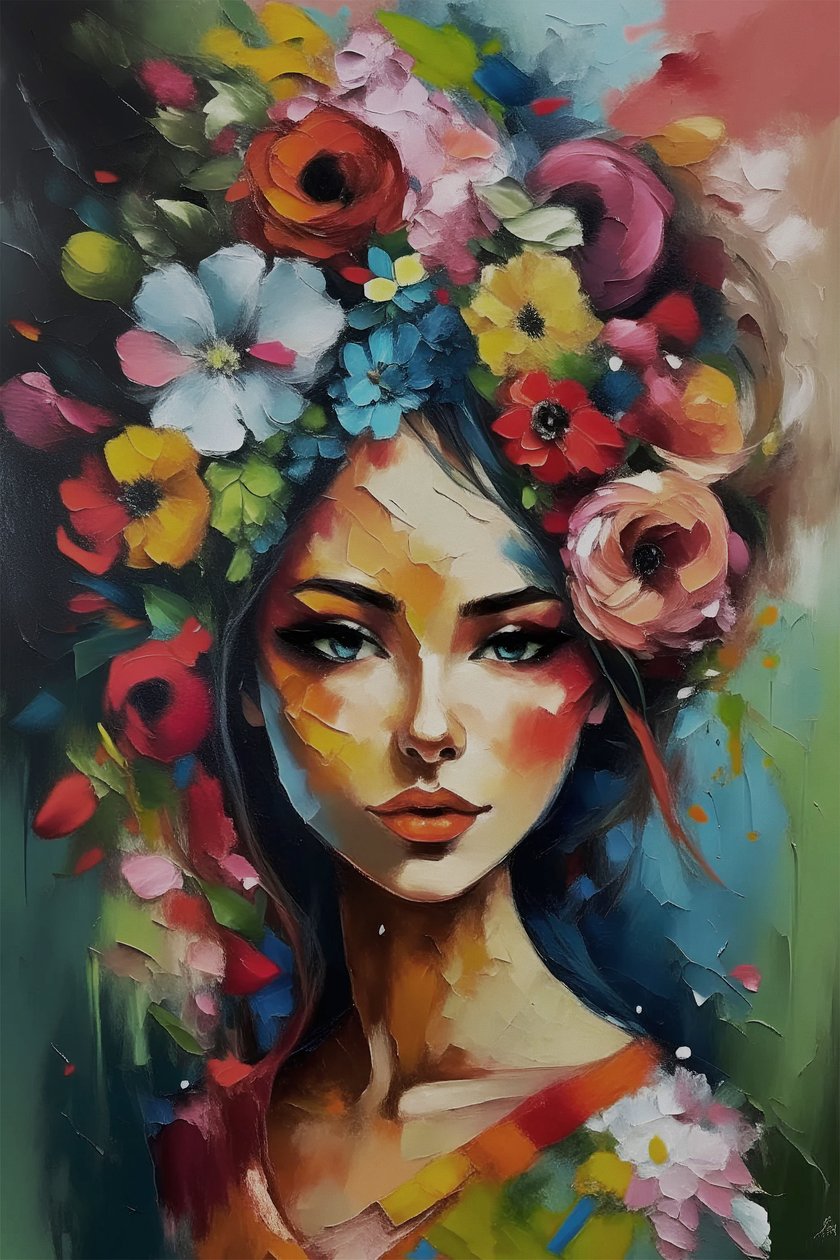 美丽的女孩被鲜花包围在画布上，花卉壁画打印 作者 法赫塔利·阿卜杜勒拉希姆