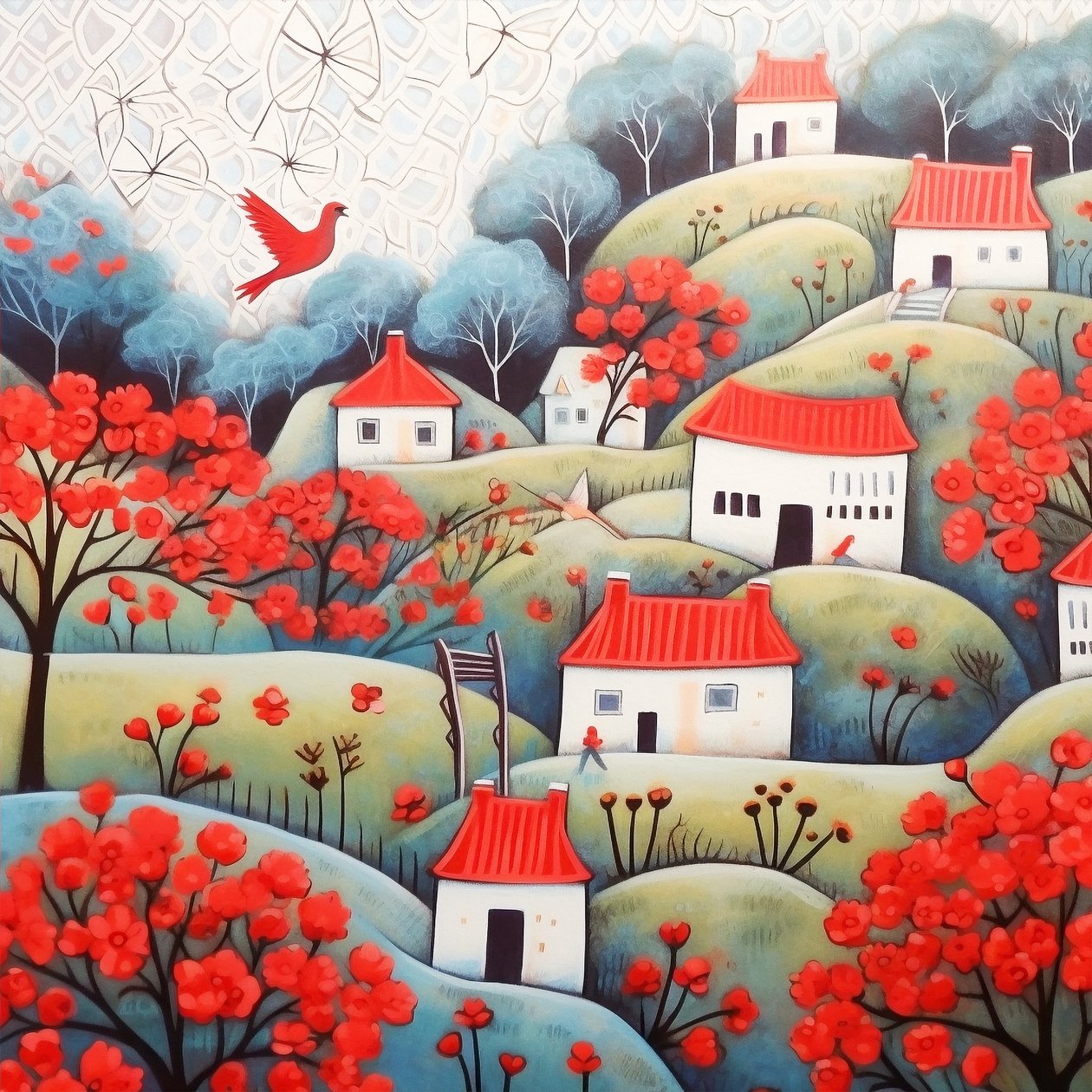 红色和紫色风景中的美丽房屋，一幅超现实的画作，帆布打印画 作者 法赫塔利·阿卜杜勒拉希姆