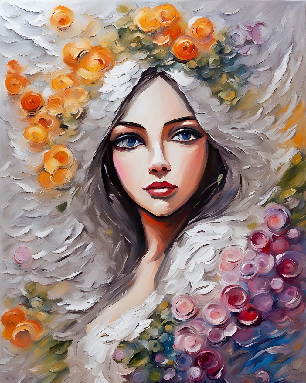 美丽的年轻女子被花朵环绕，花卉与美墙面艺术印刷品 作者 法赫塔利·阿卜杜勒拉希姆