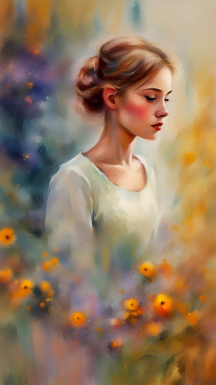 画布上的美丽少女肖像和花朵，壁画打印，色彩鲜艳 作者 法赫塔利·阿卜杜勒拉希姆