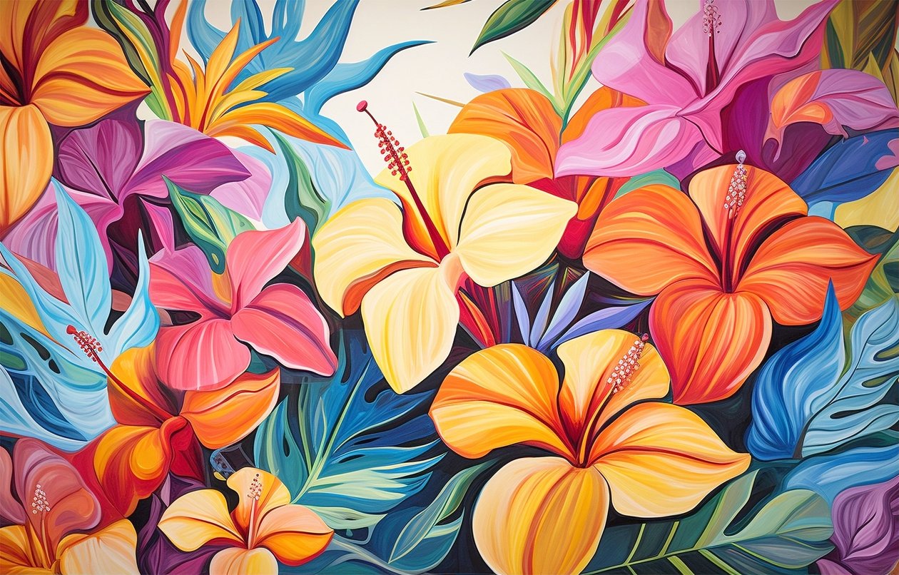 色彩鲜艳的木槿花束，花卉画，艺术版画 作者 法赫塔利·阿卜杜勒拉希姆