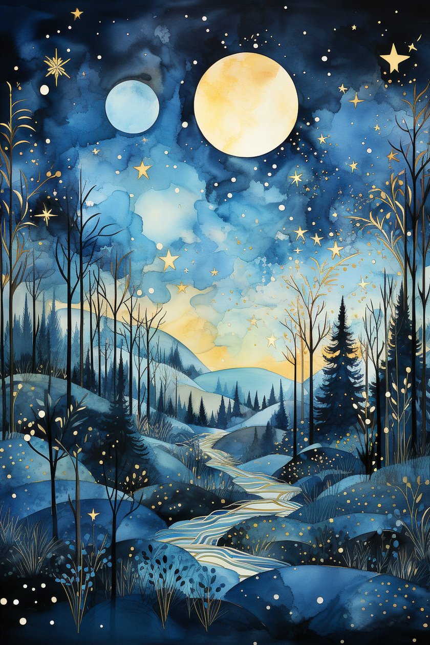 天语蓝色夜空的抽象水彩画 作者 法赫塔利·阿卜杜勒拉希姆