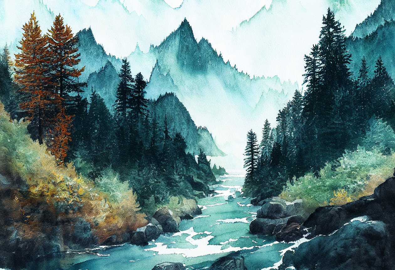 有河流和山丘的梦幻海滨高山森林，帆布艺术印刷品 作者 法赫塔利·阿卜杜勒拉希姆