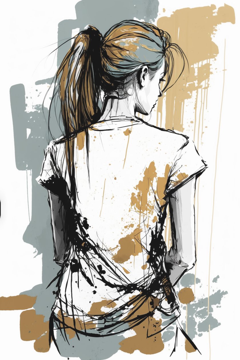 从后面画的女孩，极简主义混乱线条素描，壁画打印 作者 法赫塔利·阿卜杜勒拉希姆