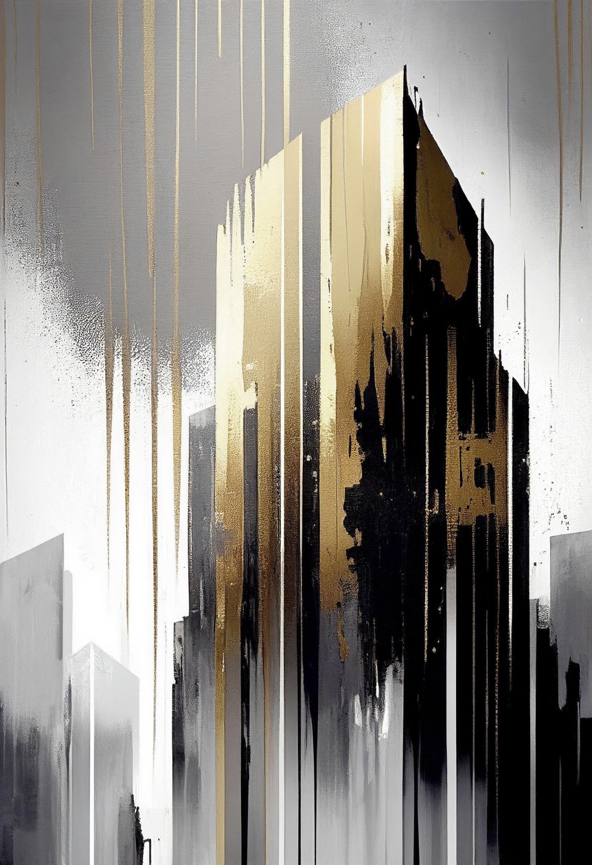 按需打印的极简建筑抽象建筑、灰色和金色绘画 作者 法赫塔利·阿卜杜勒拉希姆