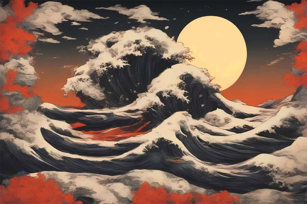 风景画中的海景，亚洲风格，壁画版画 作者 法赫塔利·阿卜杜勒拉希姆