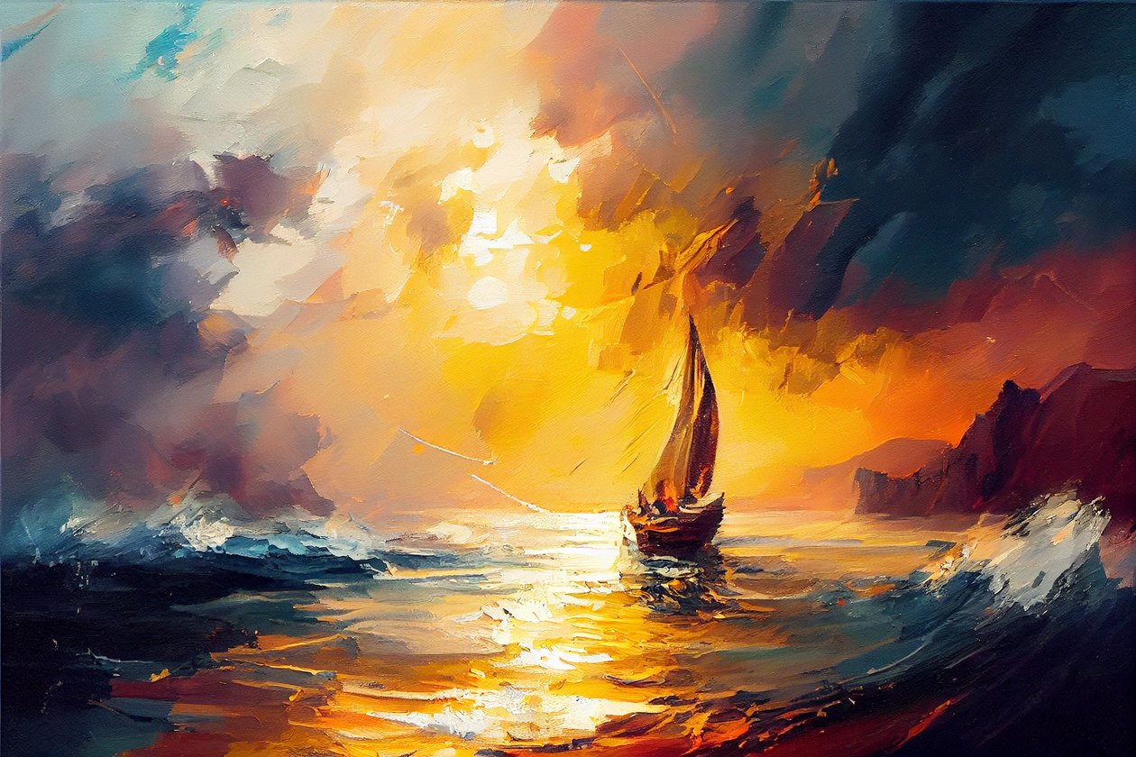 海上帆船，帆布日出海景画，墙面艺术印刷品 作者 法赫塔利·阿卜杜勒拉希姆
