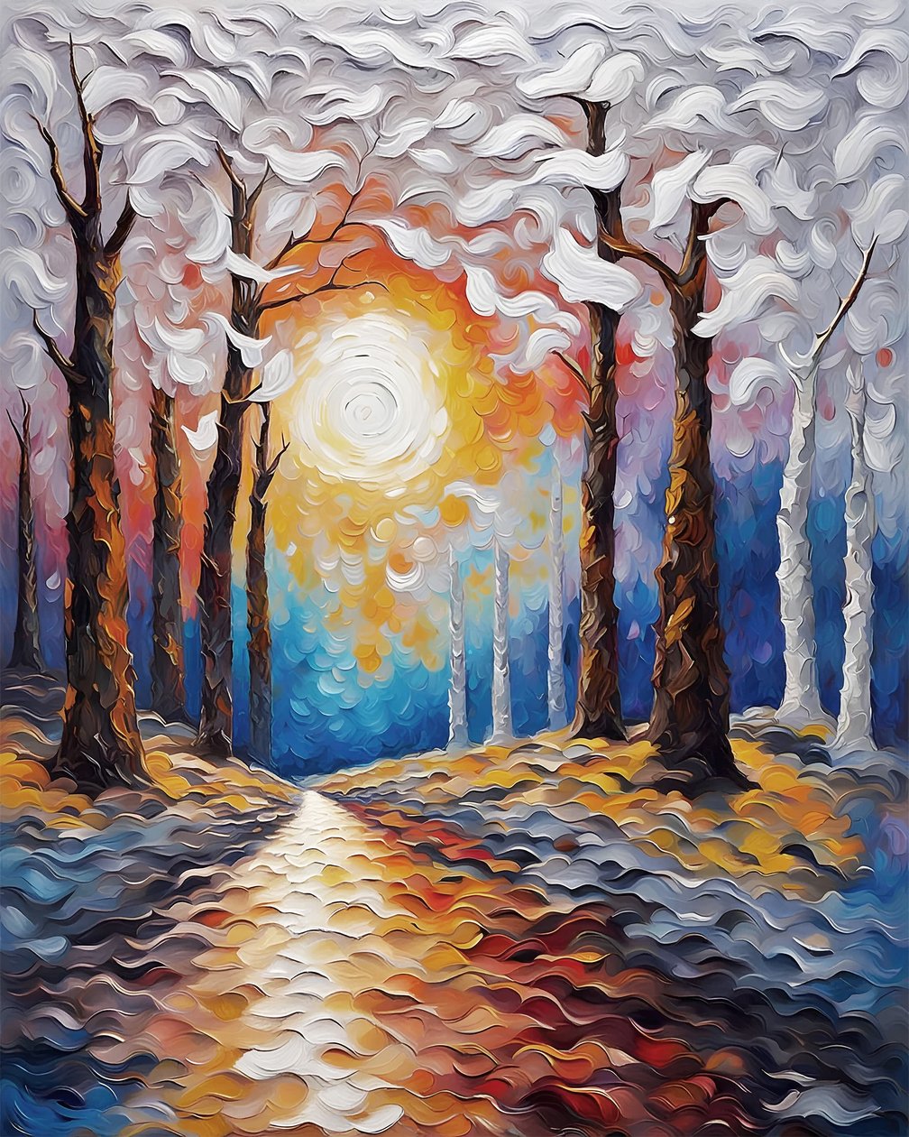 夕阳穿过森林，风景画布印花，色彩鲜艳的绘画 作者 法赫塔利·阿卜杜勒拉希姆