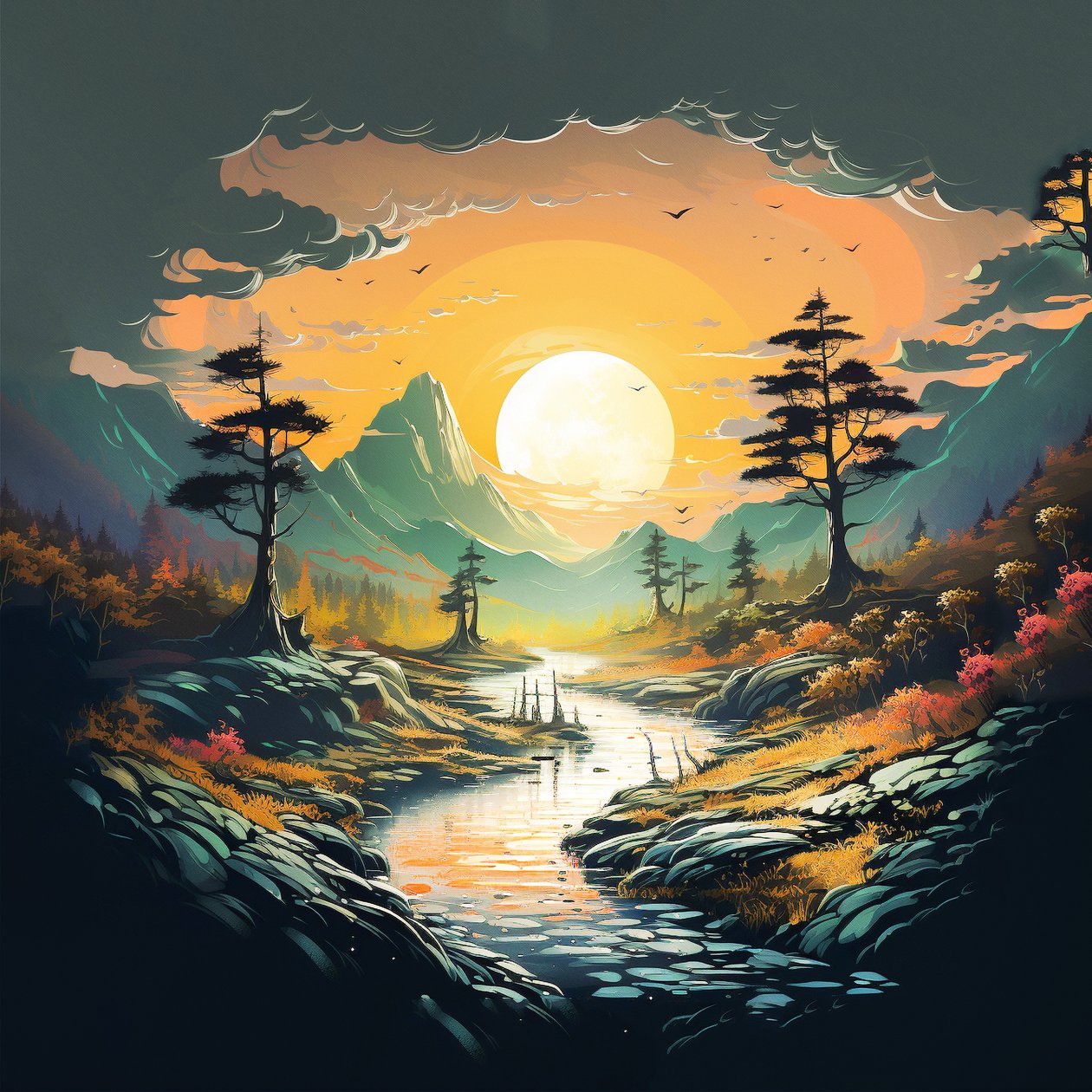 幻想山 日落 景观 自然 数码绘图 , 壁画 | 帆布打印 作者 法赫塔利·阿卜杜勒拉希姆