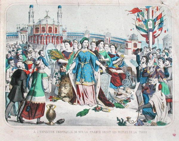 法国在1878年世界博览会上接待世界人民（彩色平版印刷）。 作者 温切尔足球俱乐部