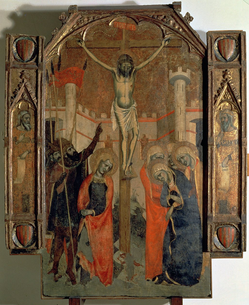 耶稣受难图》，阿尔穆戴纳大祭坛壁画中央面板的上半部分，1358 年完成（面板上的钢笔画） 作者 F. Bassa 和 R. Destorrents