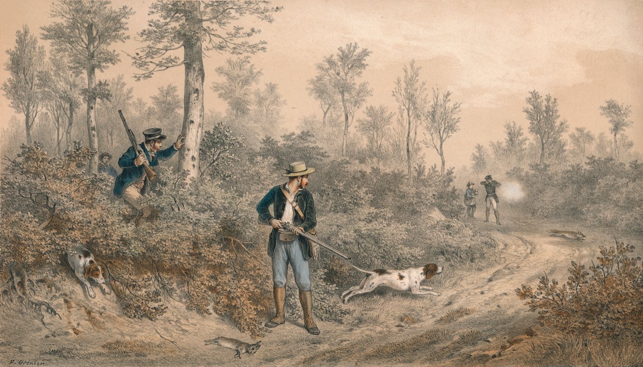 Chasses a Tir, Battue en Forêt》，19世纪中期。 作者 F格尼尔
