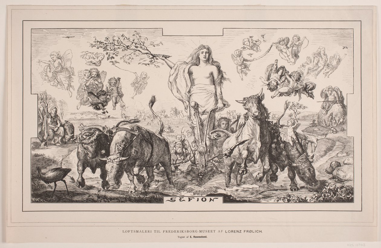 Gefion，Lorenz Frølich 为腓特烈堡博物馆创作的天花板绘画 作者 F.亨德里克森