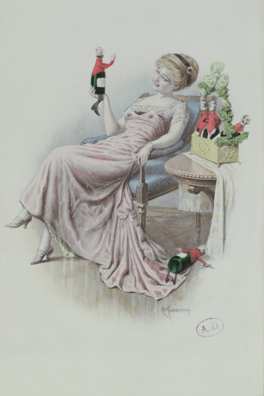 明信片，描绘一名妇女与男子形状的香槟酒瓶，约 1900 年（彩色石版印刷）。 作者 F库德纳